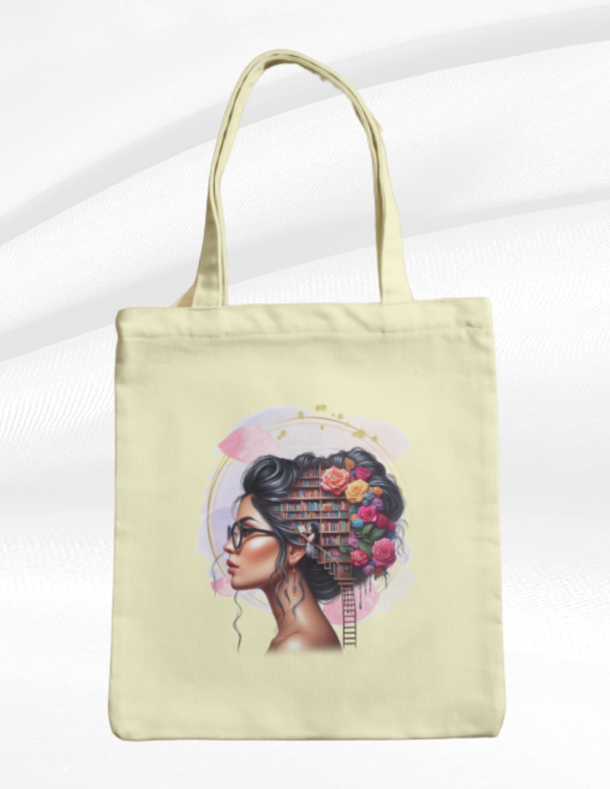 Beige tote bag with a colorful design of a woman's face on a white background